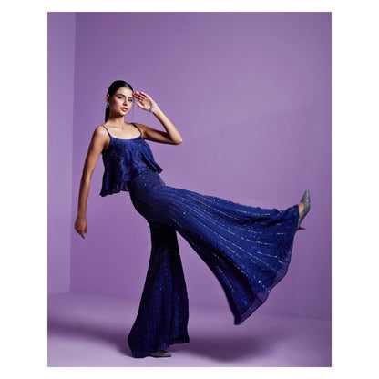 PARUL GANDHI Eclipse Blue Embroidered Top with Flared Pant (Set of 2)