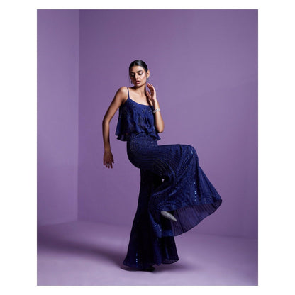 PARUL GANDHI Eclipse Blue Embroidered Top with Flared Pant (Set of 2)