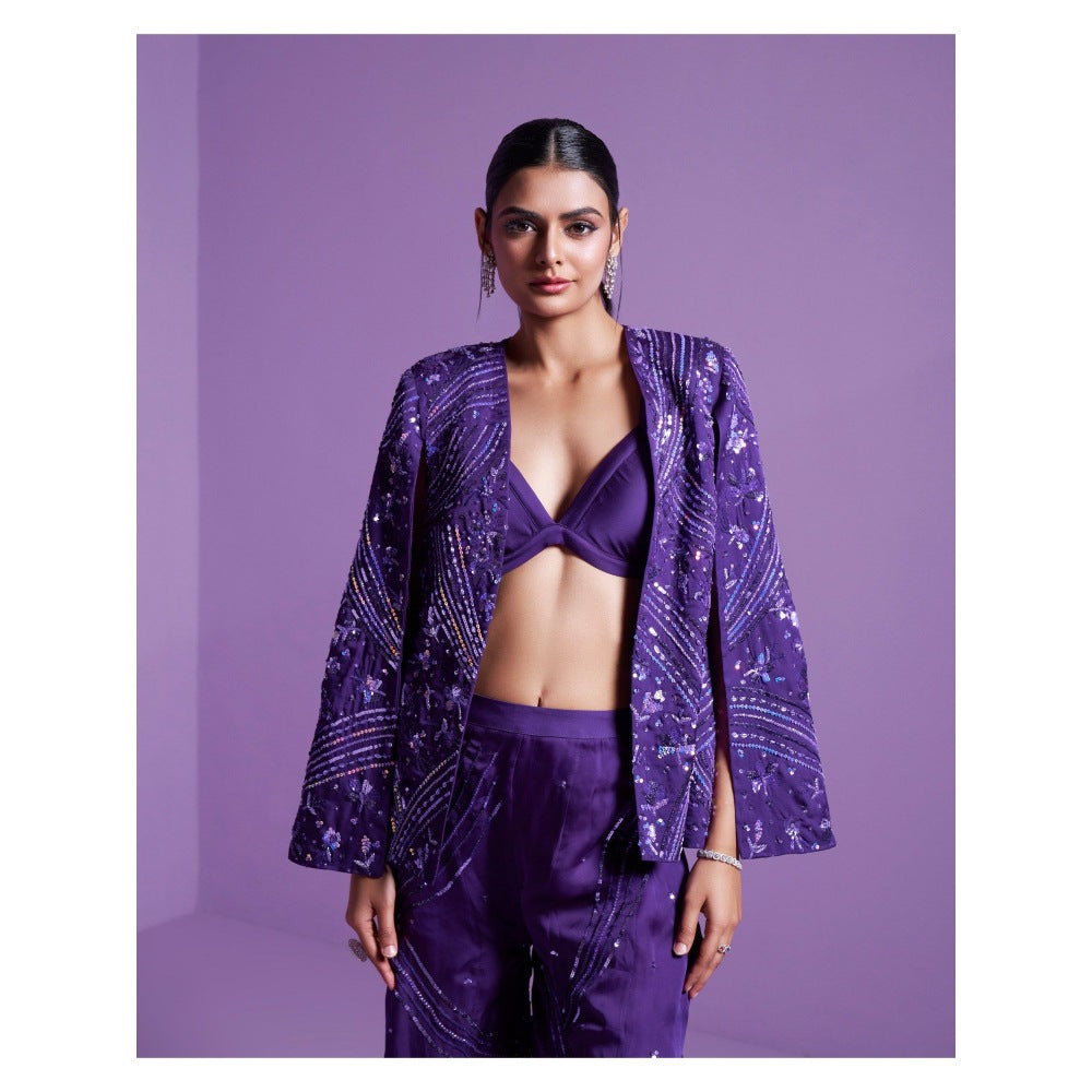 PARUL GANDHI Striking Purple Jacket with Bralette Top & Pant (Set of 3)