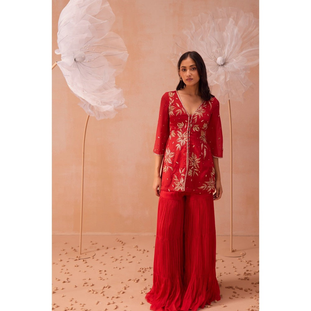 PARUL GANDHI Red Rouge Sharara With Short Kurta And Dupatta (Set of 3)