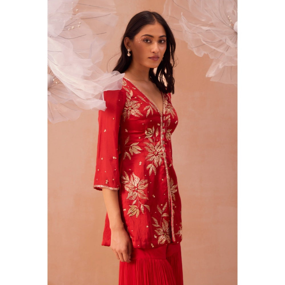 PARUL GANDHI Red Rouge Sharara With Short Kurta And Dupatta (Set of 3)