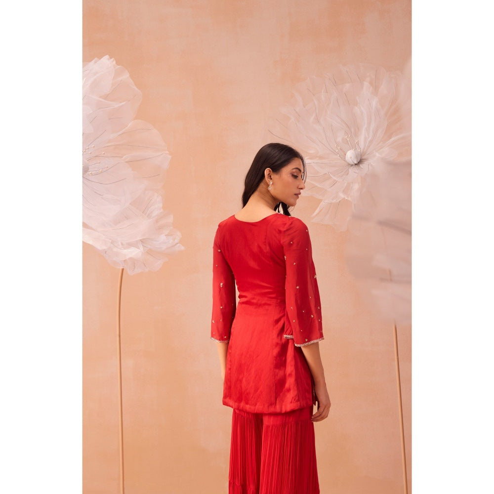 PARUL GANDHI Red Rouge Sharara With Short Kurta And Dupatta (Set of 3)