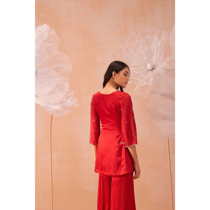 PARUL GANDHI Red Rouge Sharara With Short Kurta And Dupatta (Set of 3)