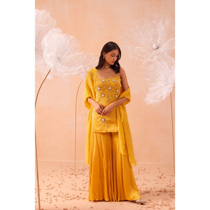 PARUL GANDHI Yellow Jaune Sharara With Short Kurta And Dupatta (Set of 3)