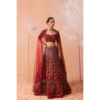 PARUL GANDHI Red Leaf Lehenga With Blouse And Dupatta (Set of 3)