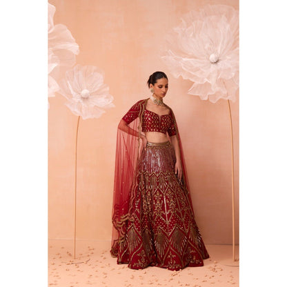 PARUL GANDHI Red Leaf Lehenga With Blouse And Dupatta (Set of 3)