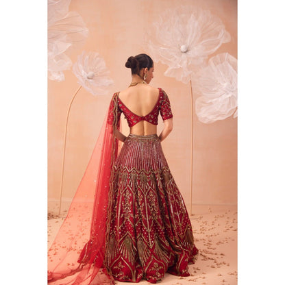 PARUL GANDHI Red Leaf Lehenga With Blouse And Dupatta (Set of 3)