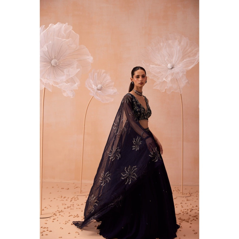 PARUL GANDHI Navy Blue Organza Lehenga With Blouse And Dupatta (Set of 3)