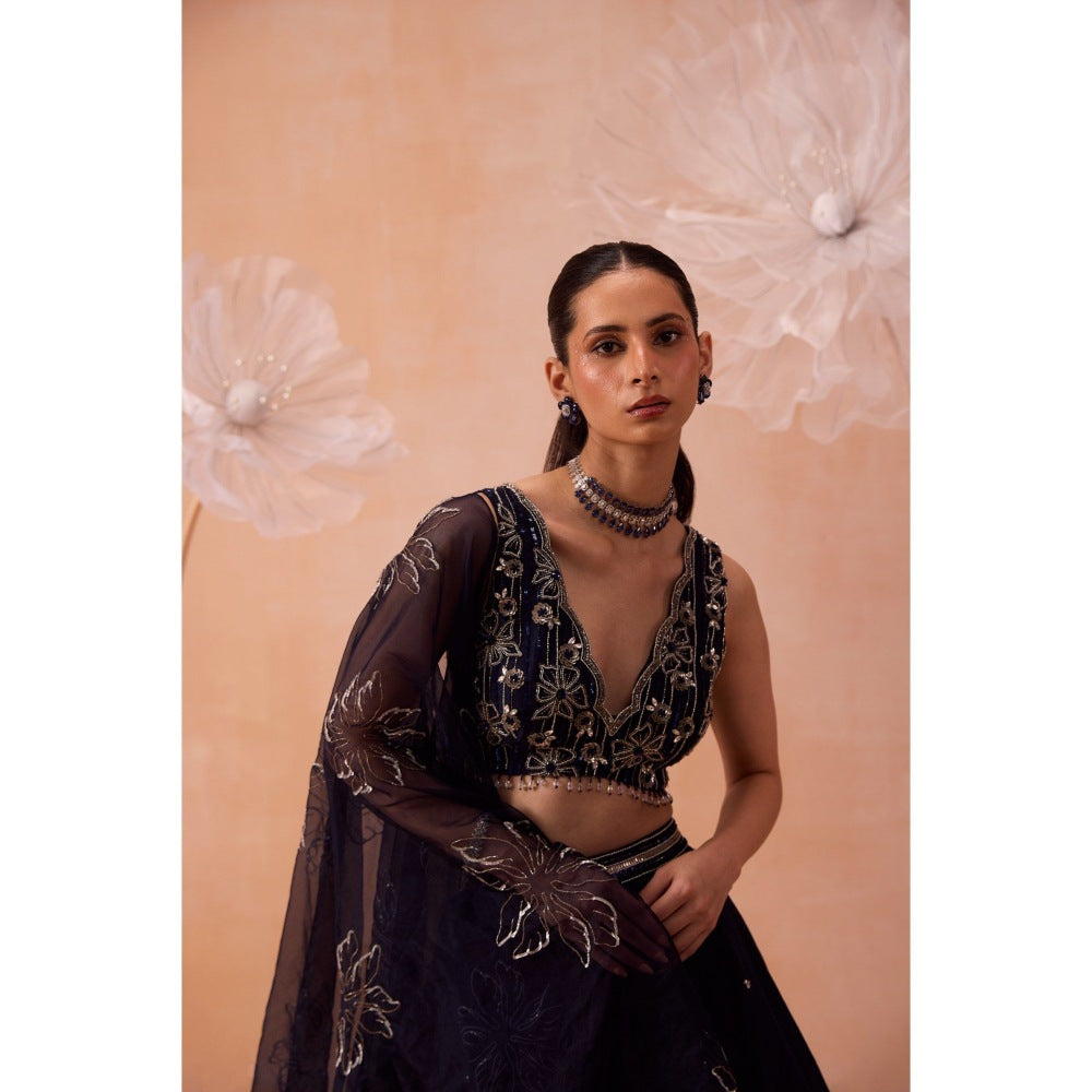 PARUL GANDHI Navy Blue Organza Lehenga With Blouse And Dupatta (Set of 3)