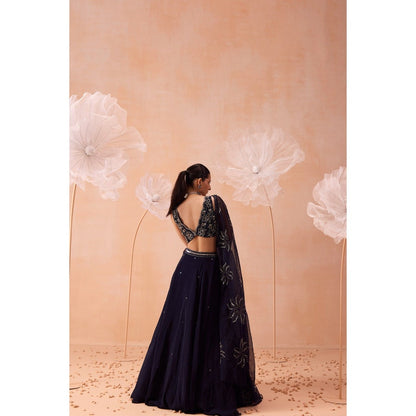 PARUL GANDHI Navy Blue Organza Lehenga With Blouse And Dupatta (Set of 3)