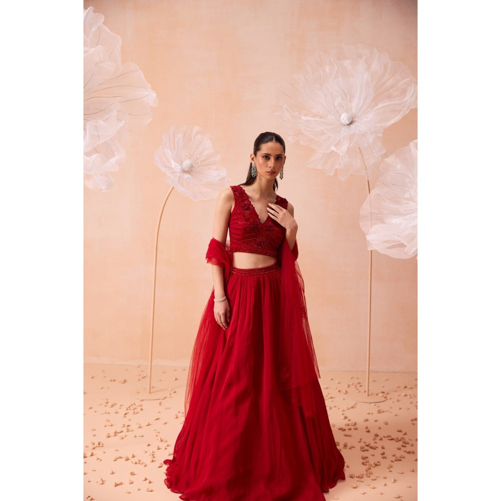 PARUL GANDHI Red Scarlet Dream Lehenga With Blouse And Dupatta (Set of 3)