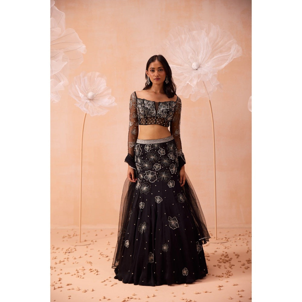 PARUL GANDHI Black Blossom Lehenga With Blouse And Dupatta (Set of 3)