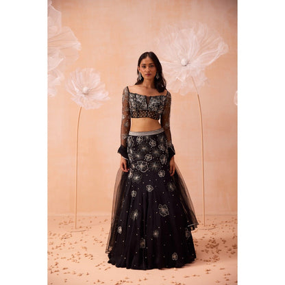 PARUL GANDHI Black Blossom Lehenga With Blouse And Dupatta (Set of 3)
