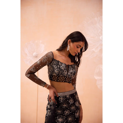 PARUL GANDHI Black Blossom Lehenga With Blouse And Dupatta (Set of 3)