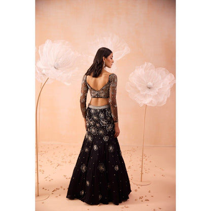 PARUL GANDHI Black Blossom Lehenga With Blouse And Dupatta (Set of 3)