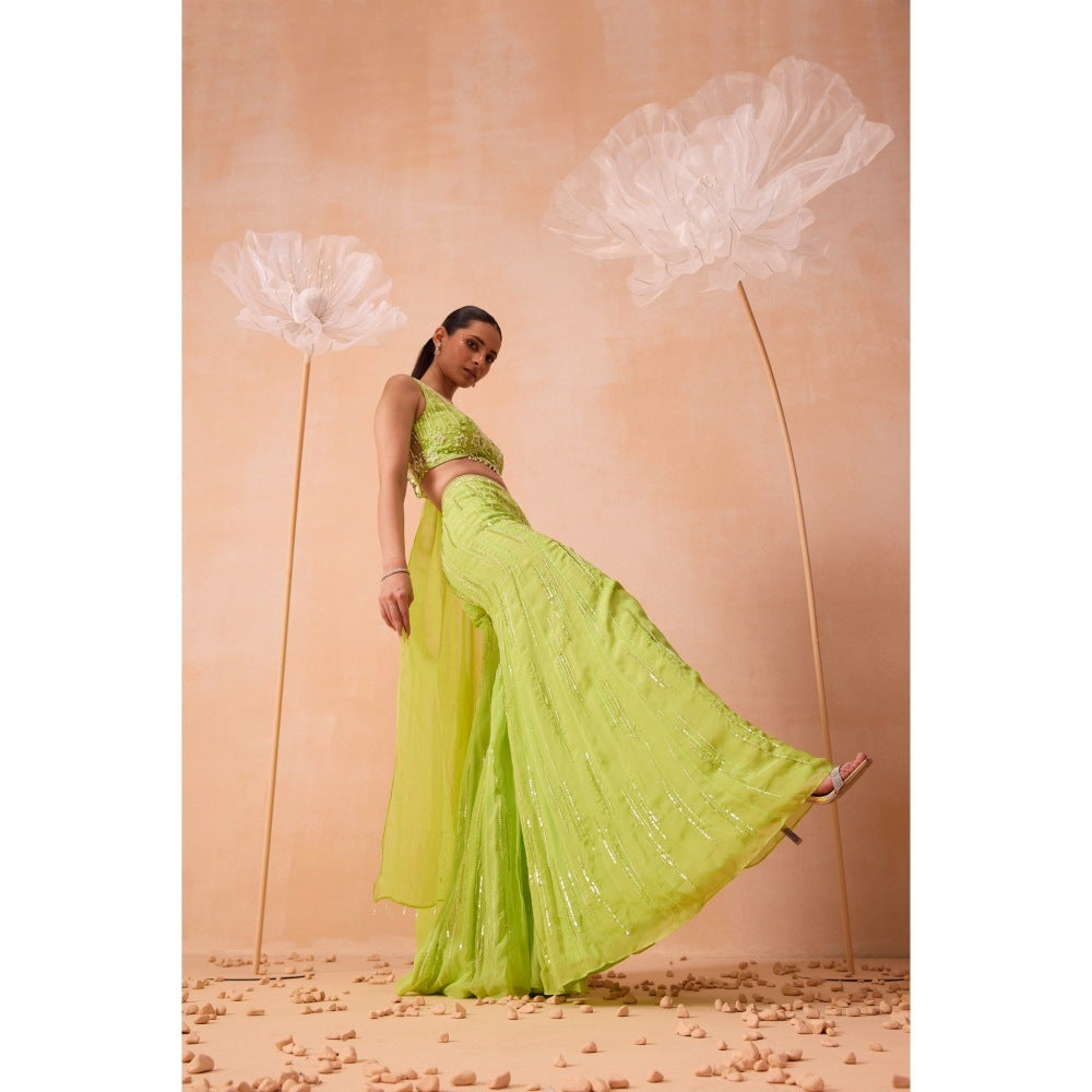 PARUL GANDHI Lime Green Pearl Crop Top With Sharara And Dupatta (Set of 3)