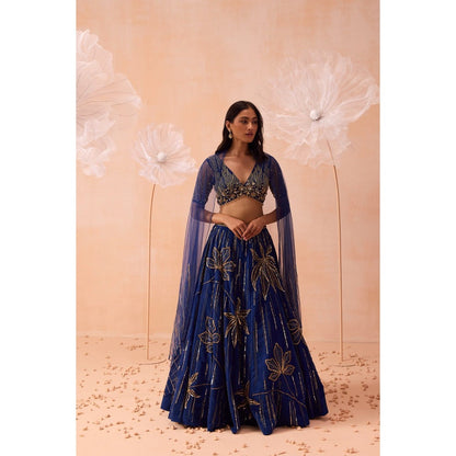 PARUL GANDHI Blue Floral Lehenga With Blouse And Dupatta (Set of 3)