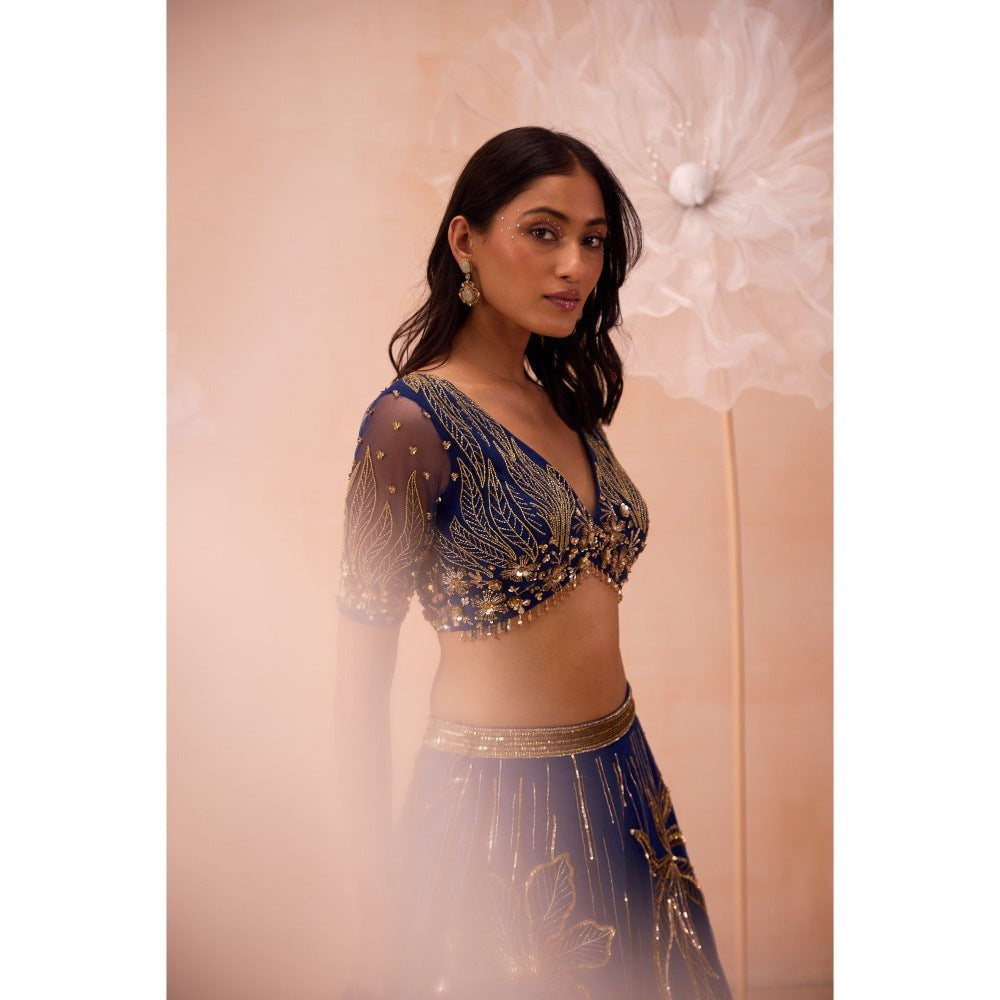 PARUL GANDHI Blue Floral Lehenga With Blouse And Dupatta (Set of 3)