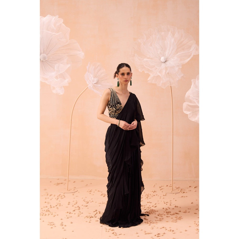 PARUL GANDHI Black Ruffle Pre Draped Saree with Stitched Blouse