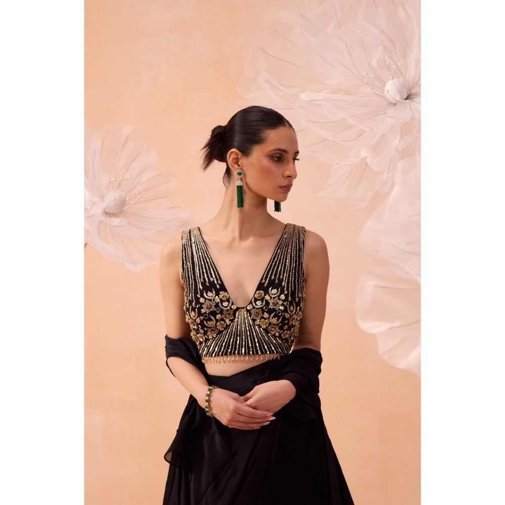 PARUL GANDHI Black Ruffle Pre Draped Saree with Stitched Blouse