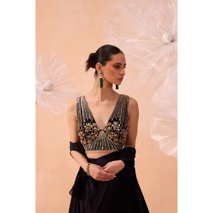 PARUL GANDHI Black Ruffle Pre Draped Saree with Stitched Blouse