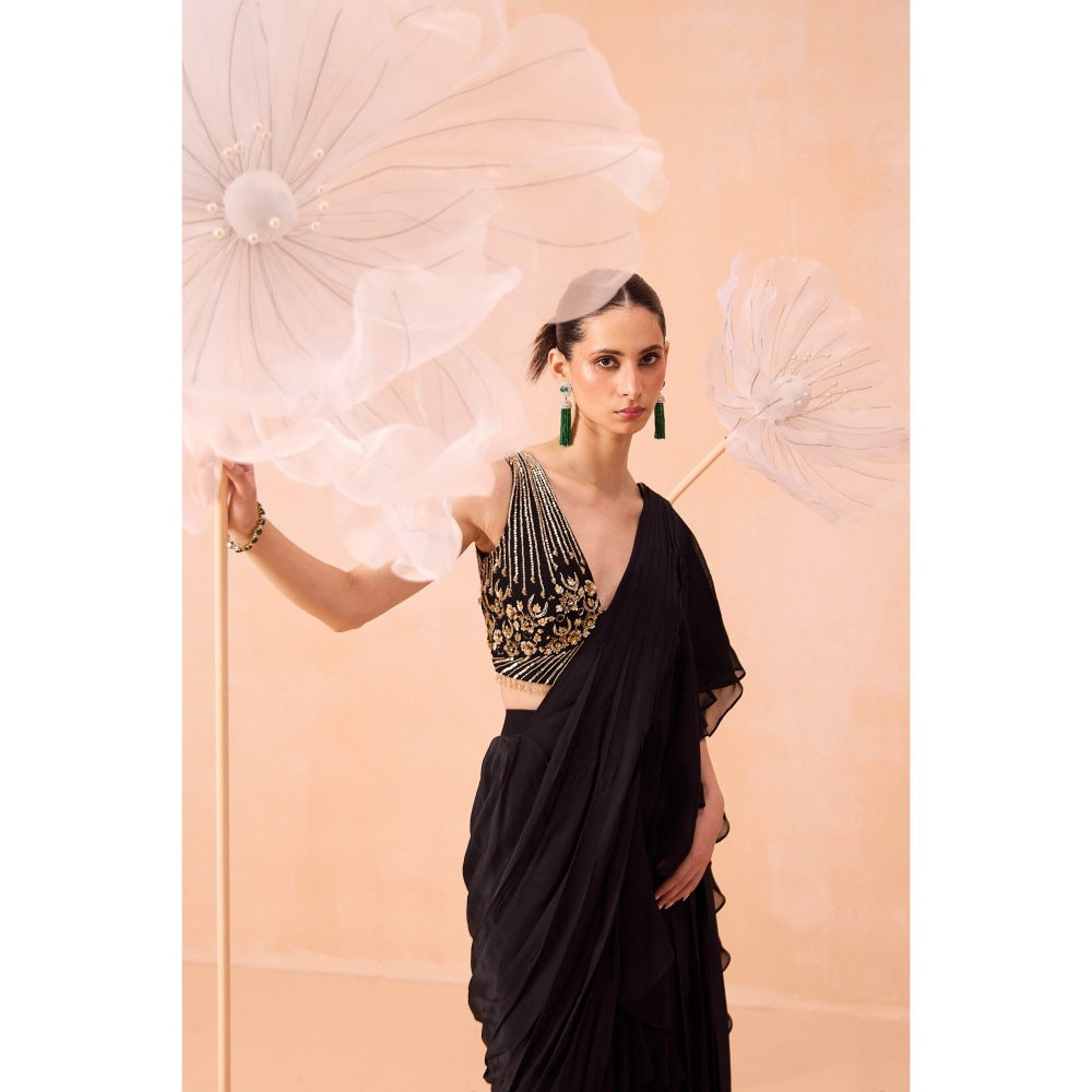 PARUL GANDHI Black Ruffle Pre Draped Saree with Stitched Blouse
