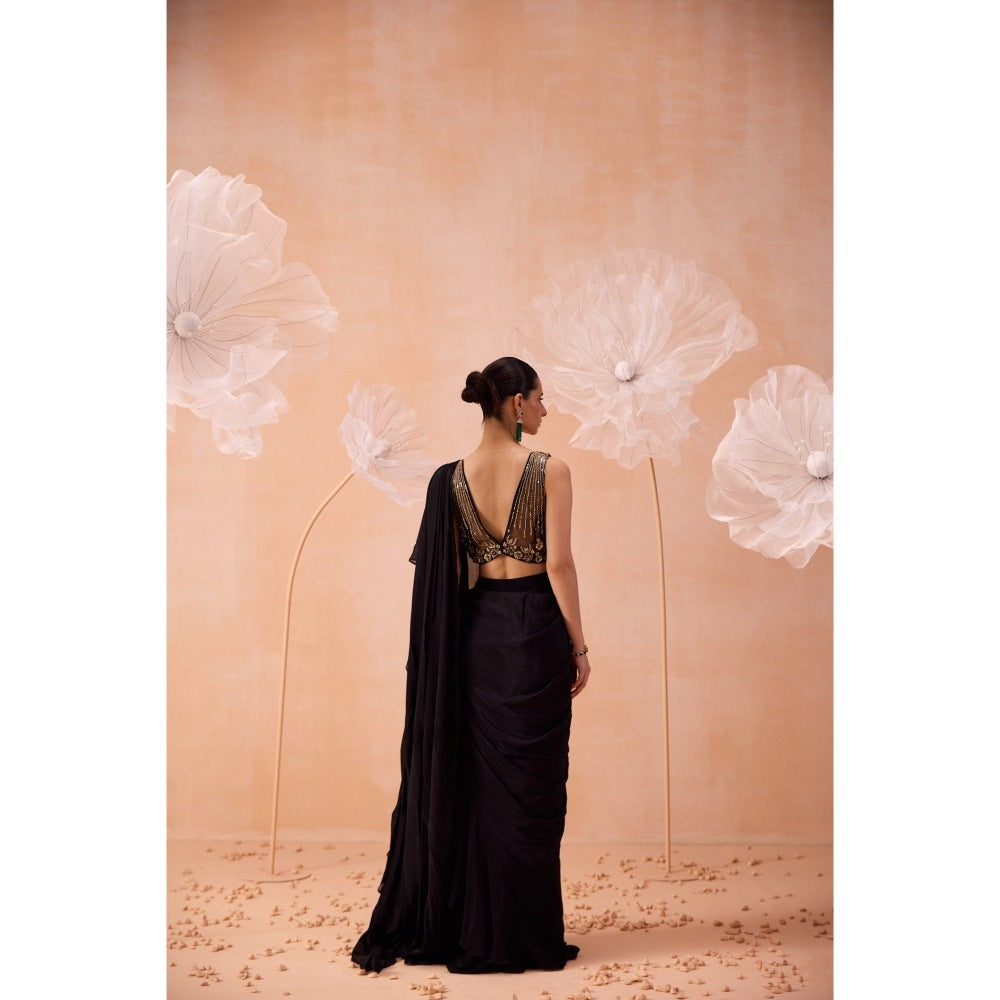 PARUL GANDHI Black Ruffle Pre Draped Saree with Stitched Blouse
