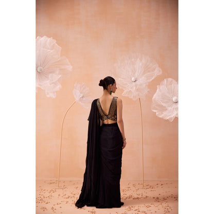 PARUL GANDHI Black Ruffle Pre Draped Saree with Stitched Blouse
