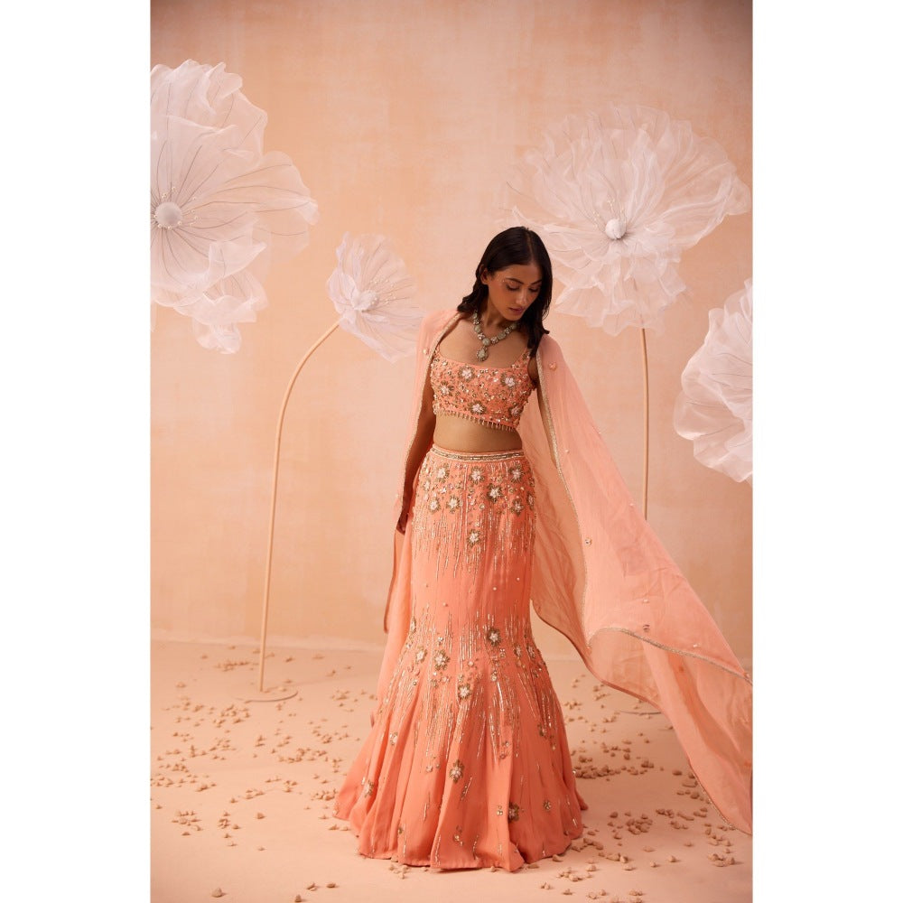PARUL GANDHI Peach Pearl Lehenga With Blouse And Dupatta (Set of 3)
