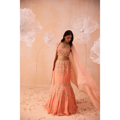 PARUL GANDHI Peach Pearl Lehenga With Blouse And Dupatta (Set of 3)