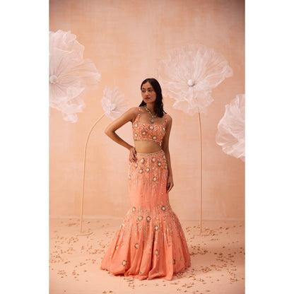 PARUL GANDHI Peach Pearl Lehenga With Blouse And Dupatta (Set of 3)