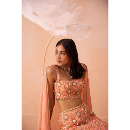 PARUL GANDHI Peach Pearl Lehenga With Blouse And Dupatta (Set of 3)