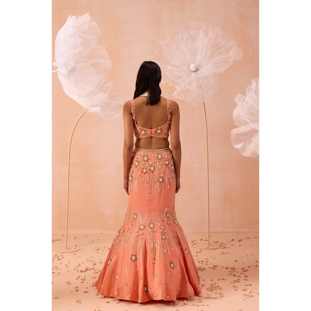 PARUL GANDHI Peach Pearl Lehenga With Blouse And Dupatta (Set of 3)