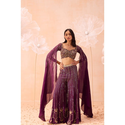 PARUL GANDHI Wine Blouse With Attached Cape And Sharara (Set of 2)