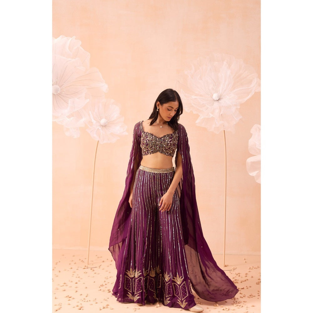 PARUL GANDHI Wine Blouse With Attached Cape And Sharara (Set of 2)