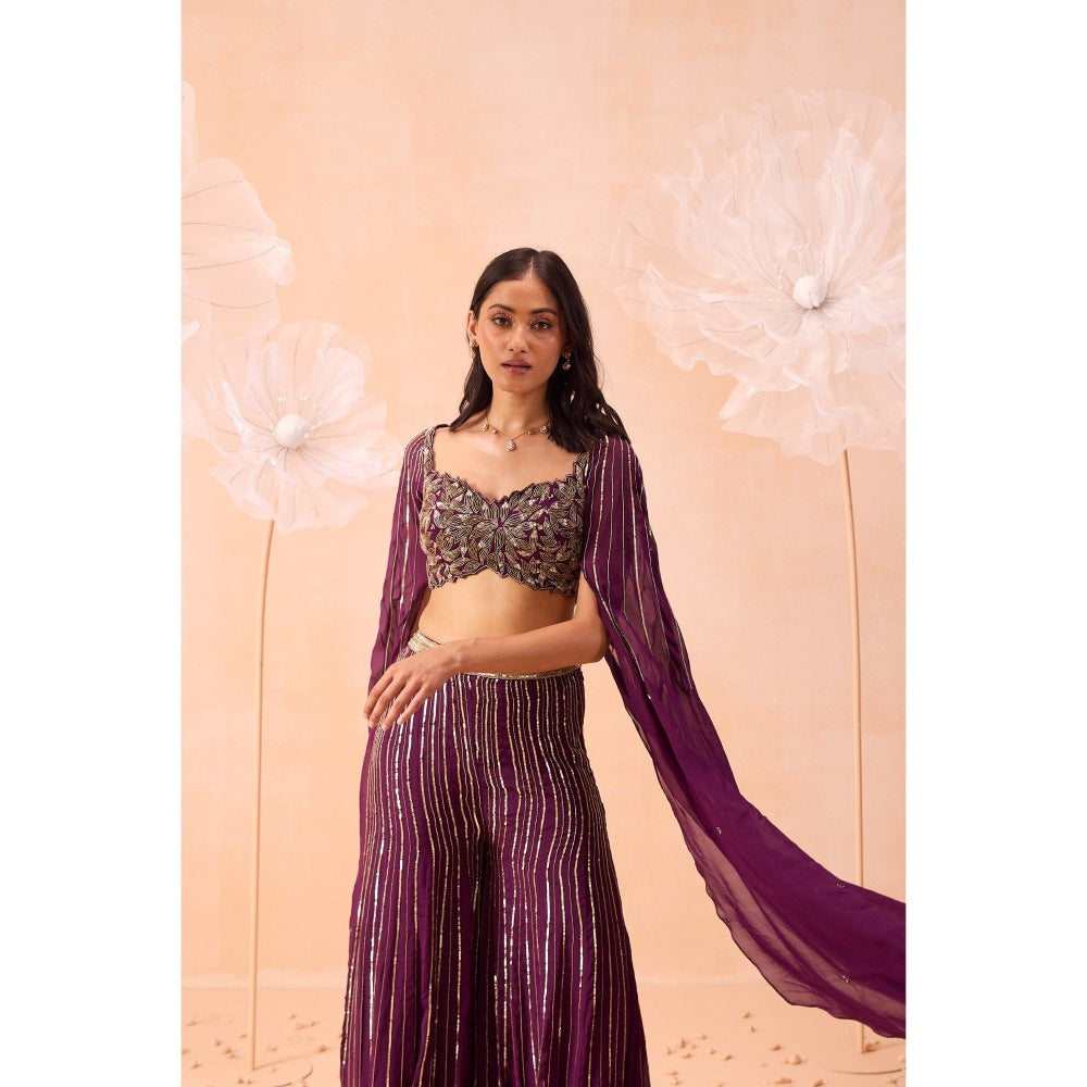 PARUL GANDHI Wine Blouse With Attached Cape And Sharara (Set of 2)