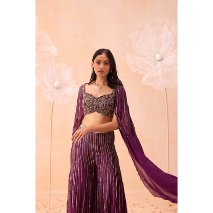 PARUL GANDHI Wine Blouse With Attached Cape And Sharara (Set of 2)