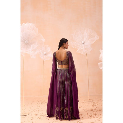 PARUL GANDHI Wine Blouse With Attached Cape And Sharara (Set of 2)