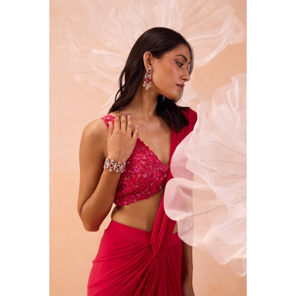 PARUL GANDHI Pink Fuchsia Pre Drape Saree And Belt with Stitched Blouse