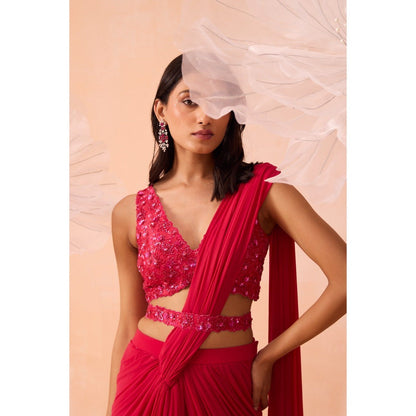 PARUL GANDHI Pink Fuchsia Pre Drape Saree And Belt with Stitched Blouse
