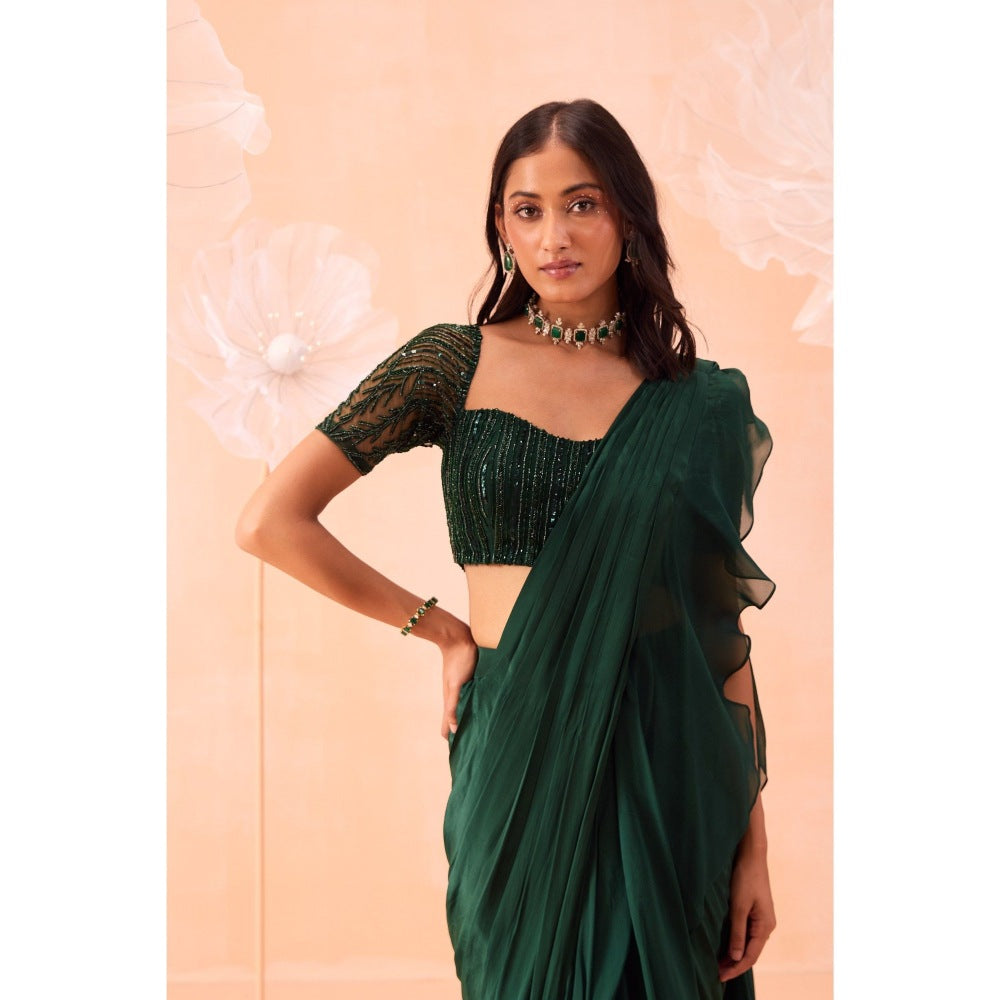 PARUL GANDHI Green Emerald Pre Draped Saree with Stitched Blouse