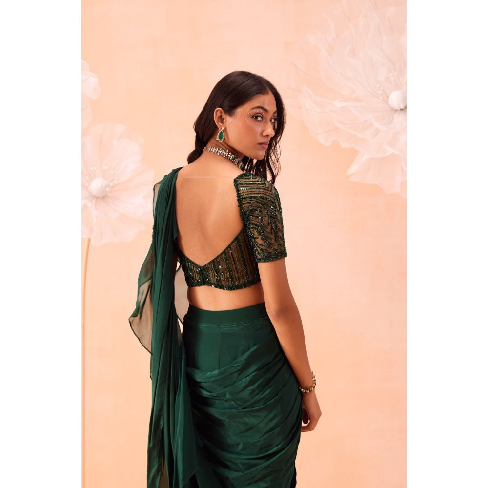 PARUL GANDHI Green Emerald Pre Draped Saree with Stitched Blouse