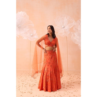 PARUL GANDHI Candy Orange Lehenga With Blouse And Dupatta (Set of 3)