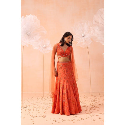 PARUL GANDHI Candy Orange Lehenga With Blouse And Dupatta (Set of 3)