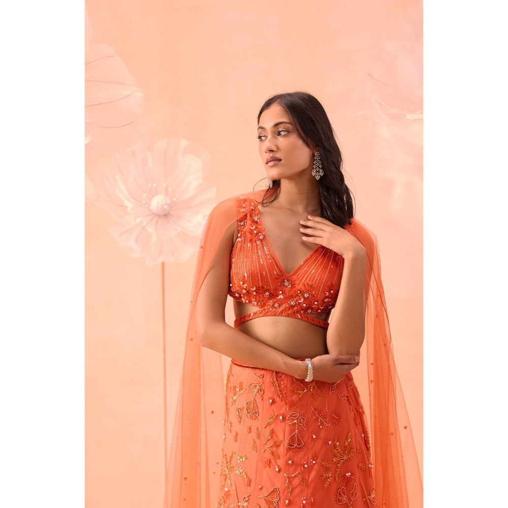 PARUL GANDHI Candy Orange Lehenga With Blouse And Dupatta (Set of 3)