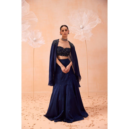 PARUL GANDHI Navy Blue Cape With Lehenga And Blouse (Set of 3)