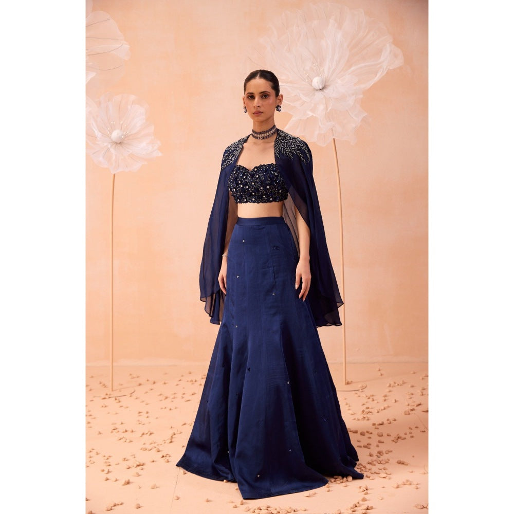 PARUL GANDHI Navy Blue Cape With Lehenga And Blouse (Set of 3)