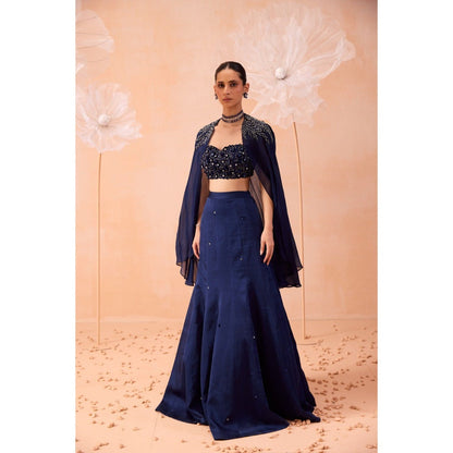 PARUL GANDHI Navy Blue Cape With Lehenga And Blouse (Set of 3)