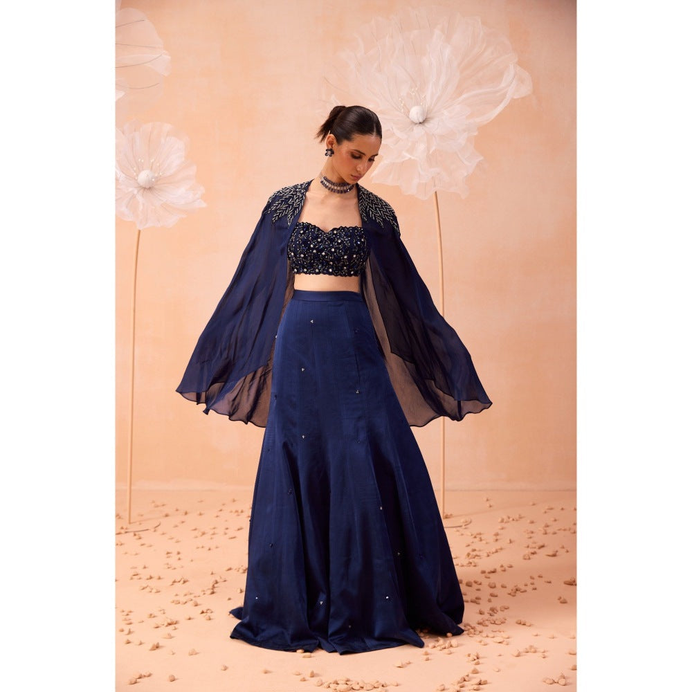 PARUL GANDHI Navy Blue Cape With Lehenga And Blouse (Set of 3)