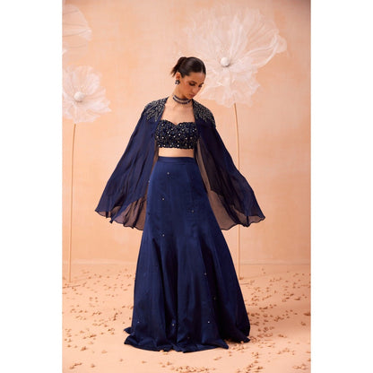 PARUL GANDHI Navy Blue Cape With Lehenga And Blouse (Set of 3)